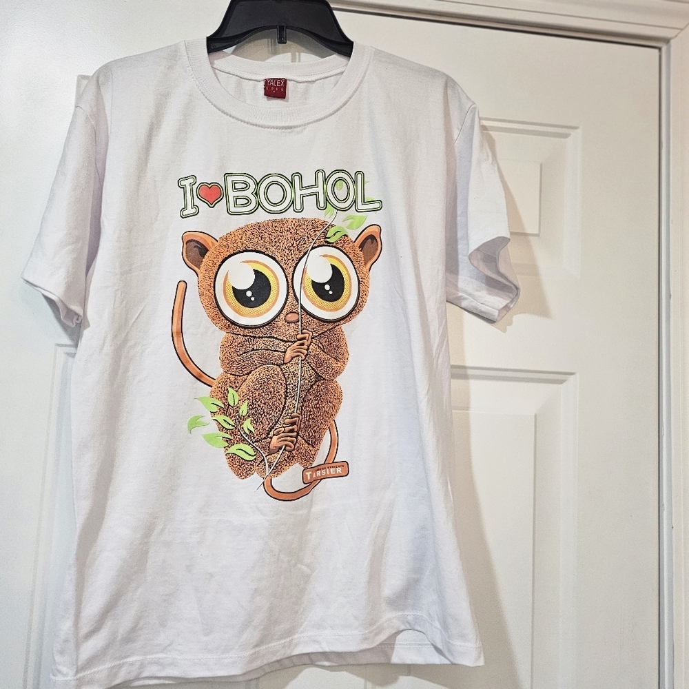 White T-Shirt with Bohol Tarsier Graphic Size Large